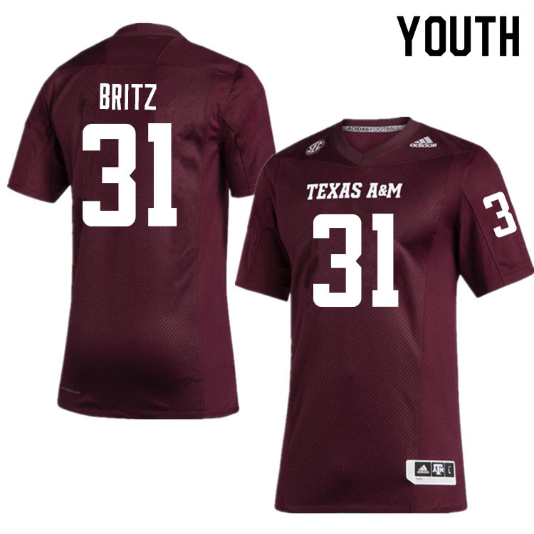 Youth #31 Reinard Britz Texas A&M Aggies College Football Jerseys Sale-Maroon